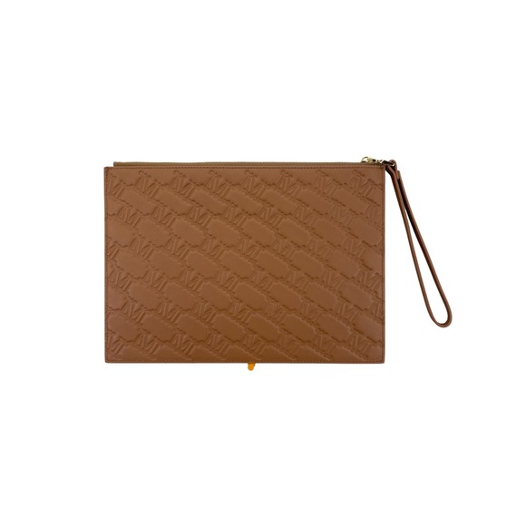 Max‎ Mara Monogram Embossed Leather Zip Pouch Clutch Wristlet Women Brown Luxury